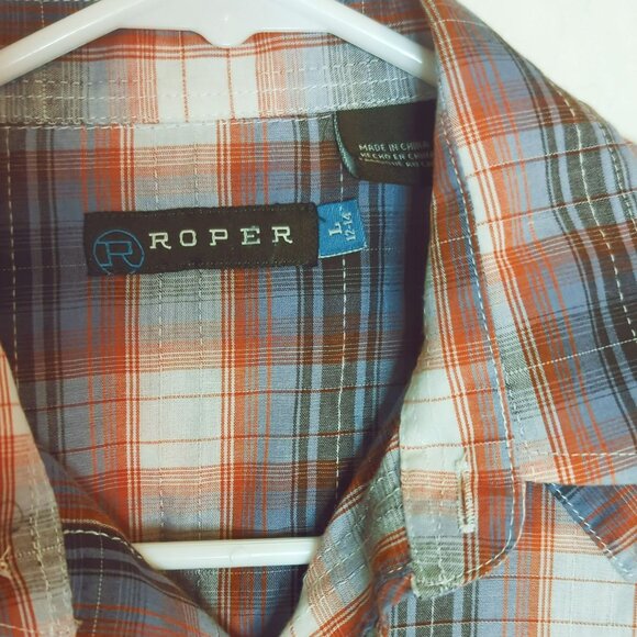 Roper Boys Large Western Plaid Snap Button Long Sleeve Shirt Brown Orange - Picture 3 of 6